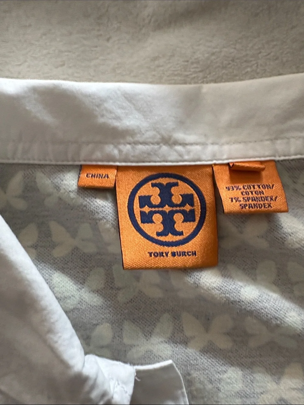 Tory Burch Navy Butterfly-Print Polo with White Collar